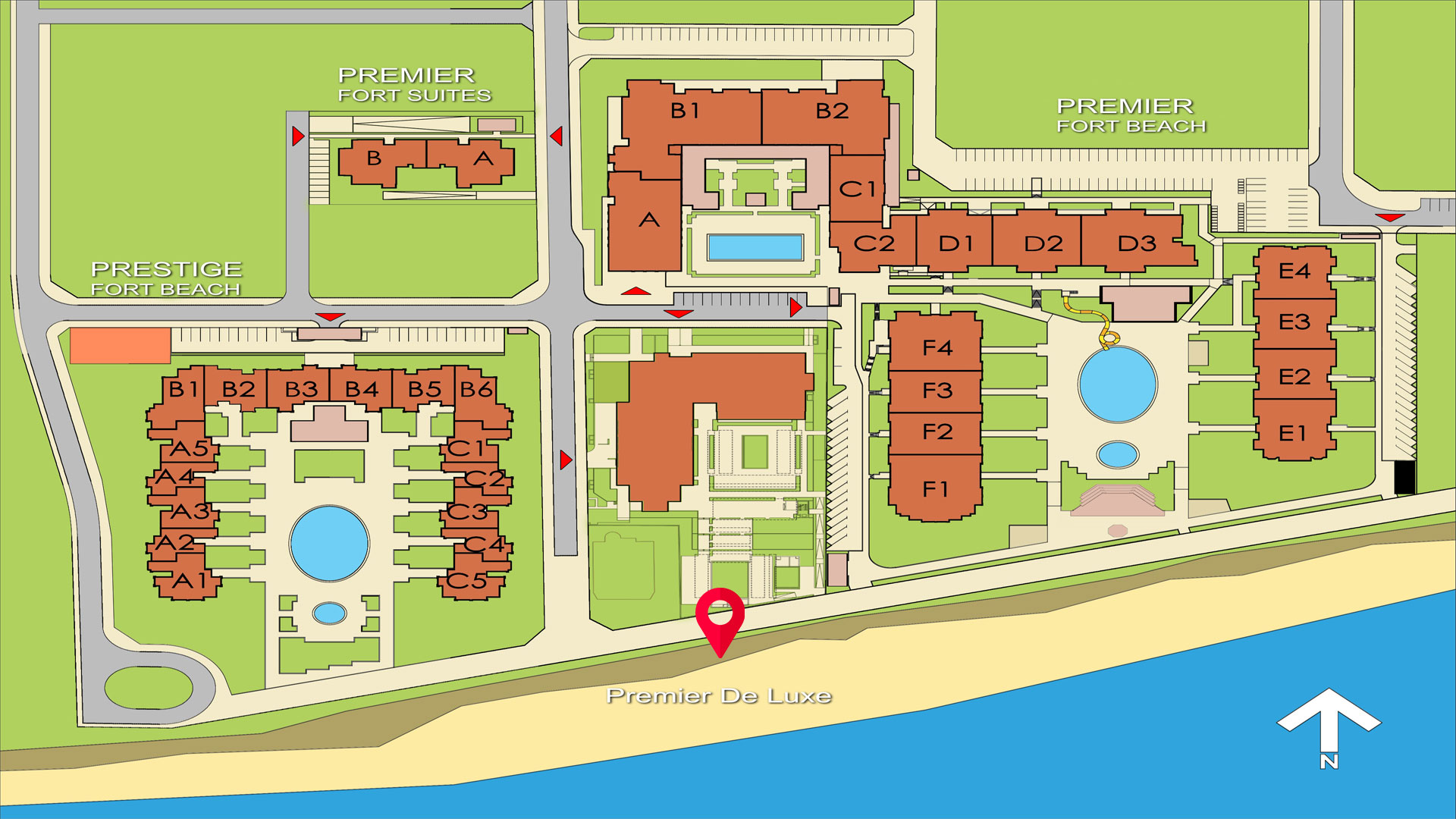Oficjalny plan lokalizacji Premier Deluxe względem Premier Fort i plaży